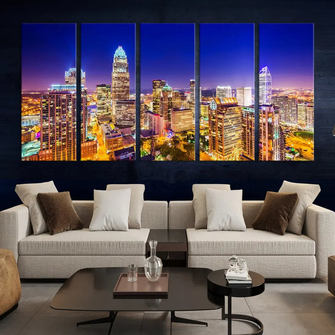 Downtown Charlotte City Lights Night Skyline Cityscape Canvas Wall Art Print