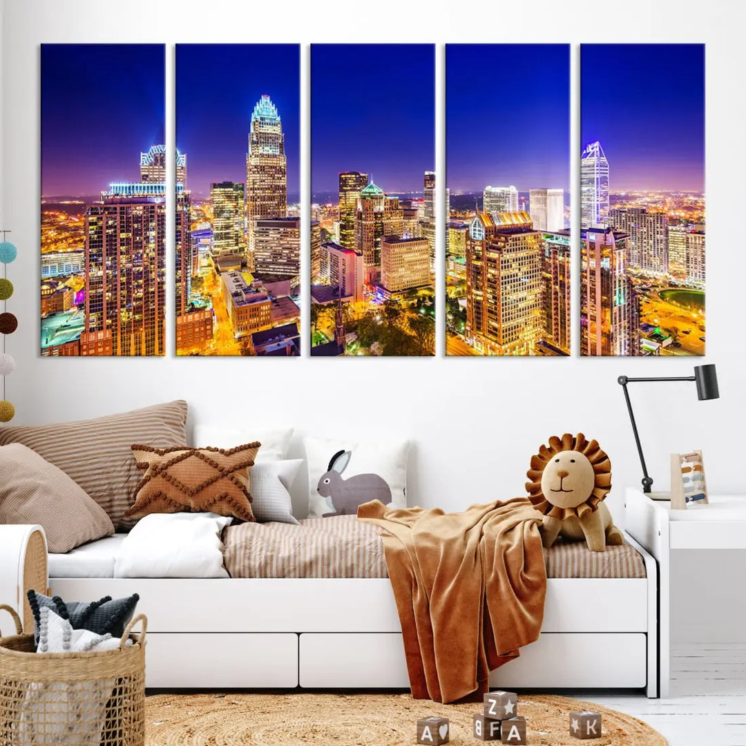 Downtown Charlotte City Lights Night Skyline Cityscape Canvas Wall Art Print