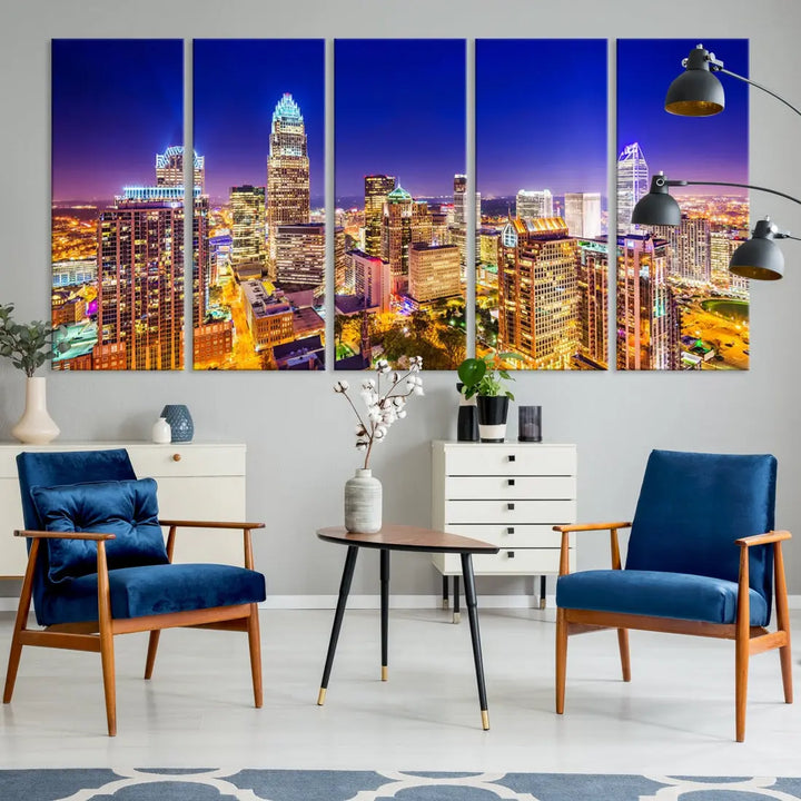 Downtown Charlotte City Lights Night Skyline Cityscape Canvas Wall Art Print