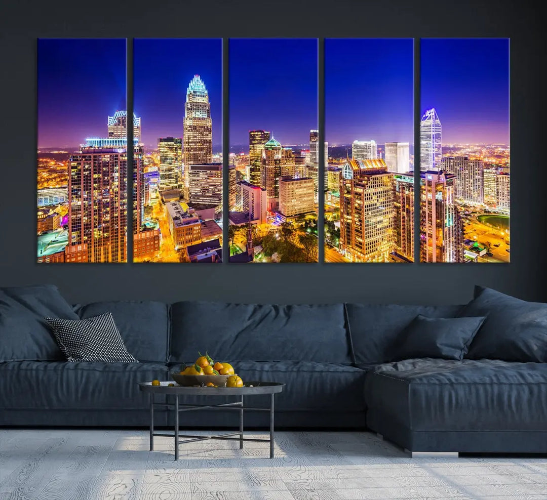 Downtown Charlotte City Lights Night Skyline Cityscape Canvas Wall Art Print