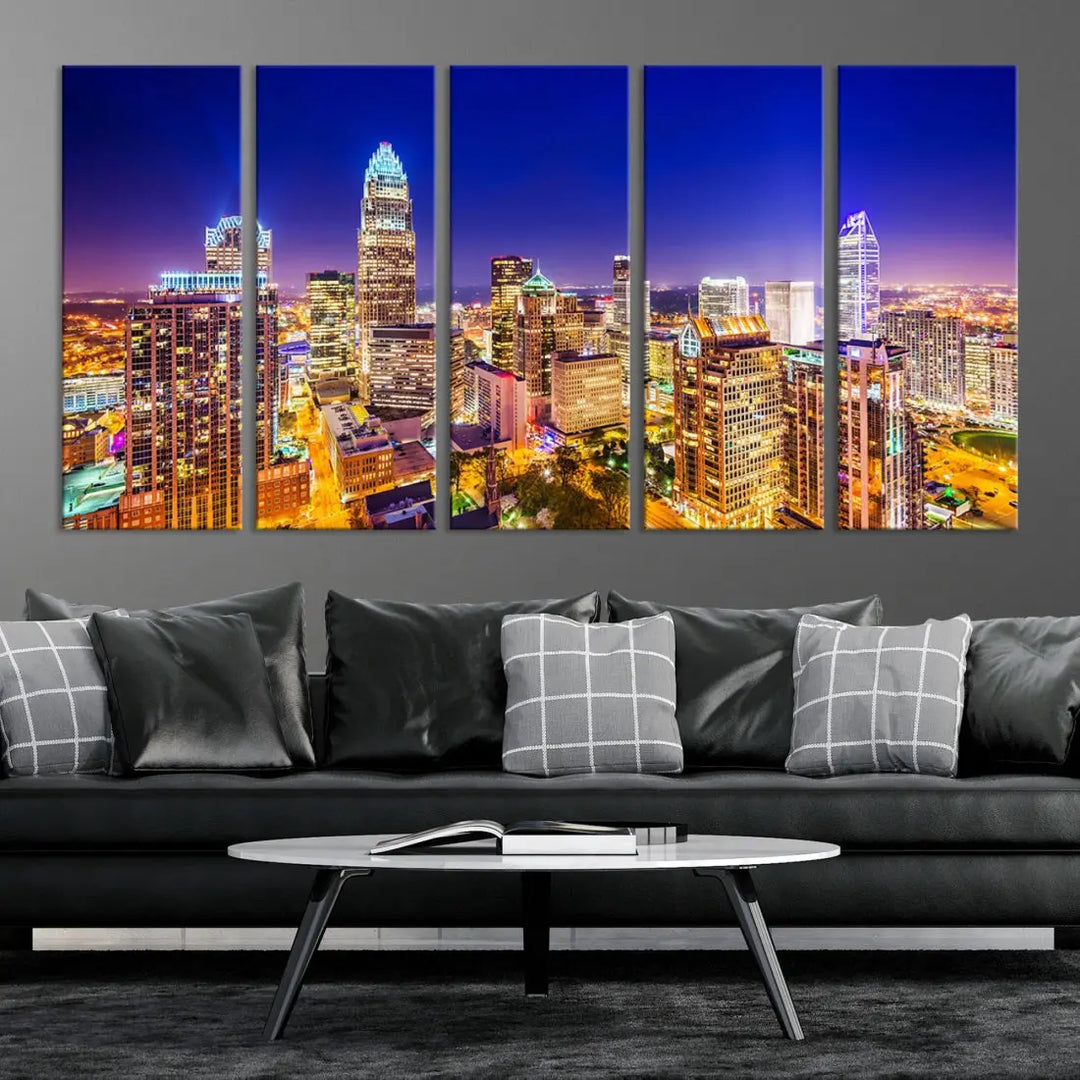 Downtown Charlotte City Lights Night Skyline Cityscape Canvas Wall Art Print