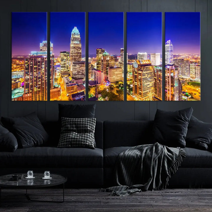 Downtown Charlotte City Lights Night Skyline Cityscape Canvas Wall Art Print