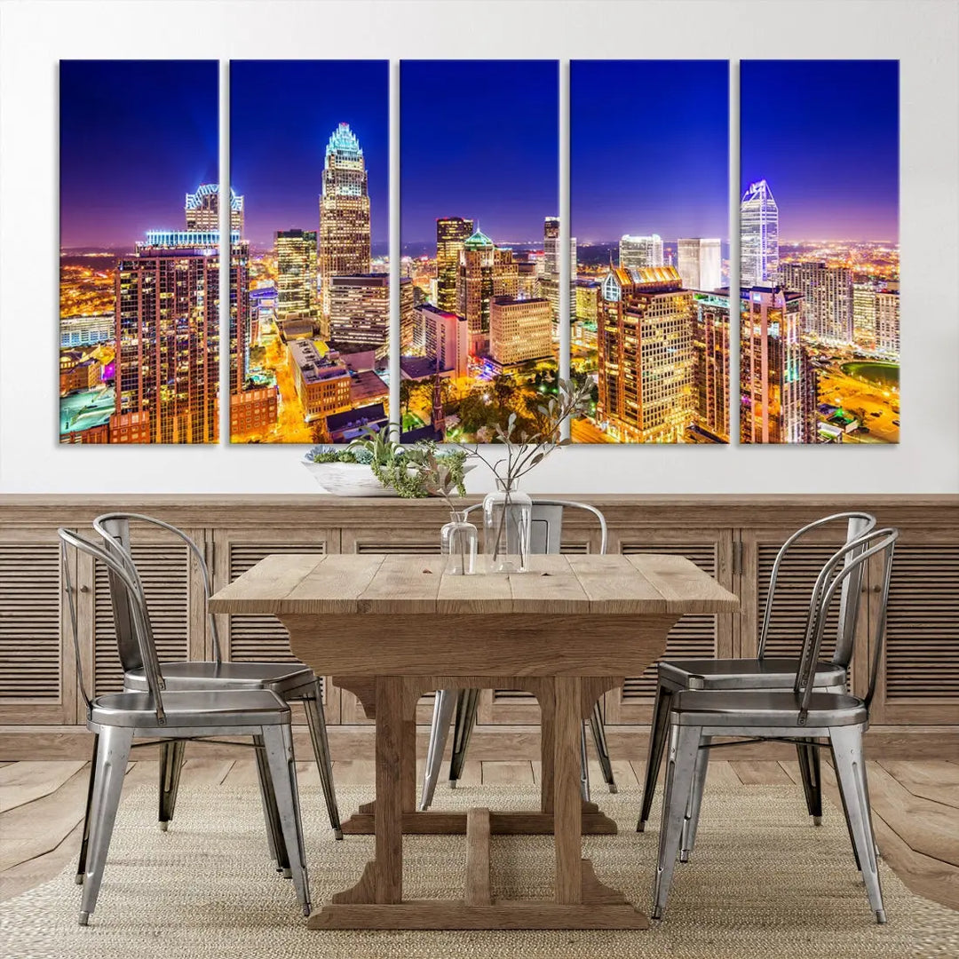 Downtown Charlotte City Lights Night Skyline Cityscape Canvas Wall Art Print