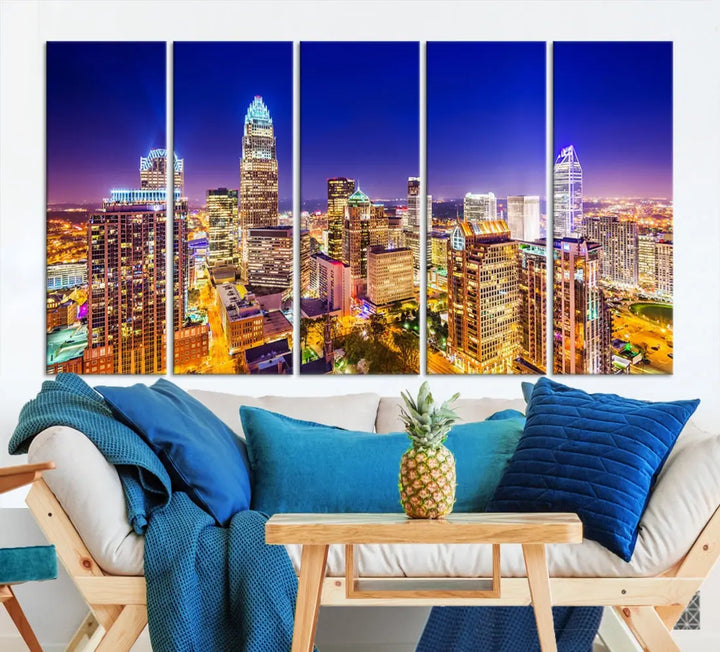 Downtown Charlotte City Lights Night Skyline Cityscape Canvas Wall Art Print