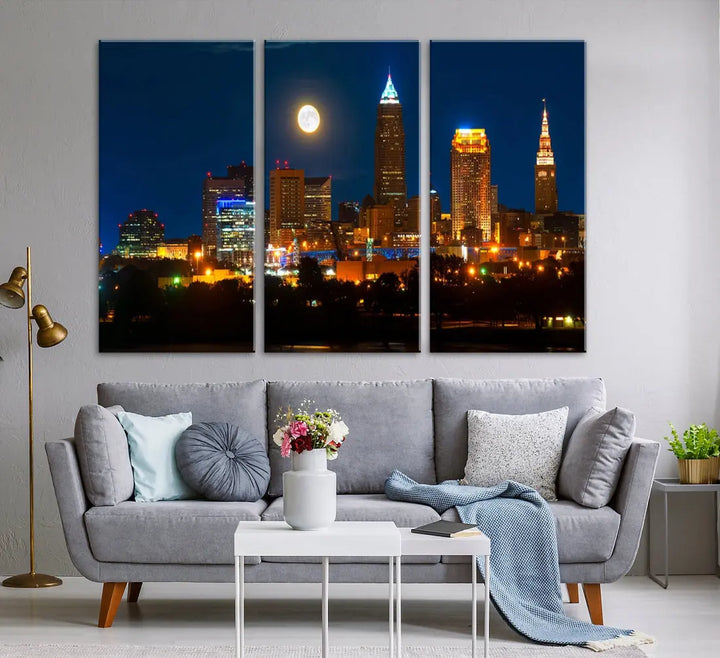 Downtown Cleveland Night Skyline Wall Art Cityscape Canvas Print