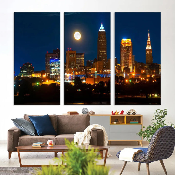 Downtown Cleveland Night Skyline Wall Art Cityscape Canvas Print