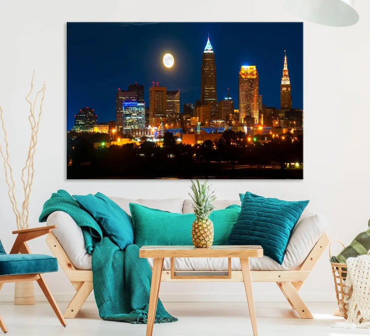 Downtown Cleveland Night Skyline Wall Art Cityscape Canvas Print