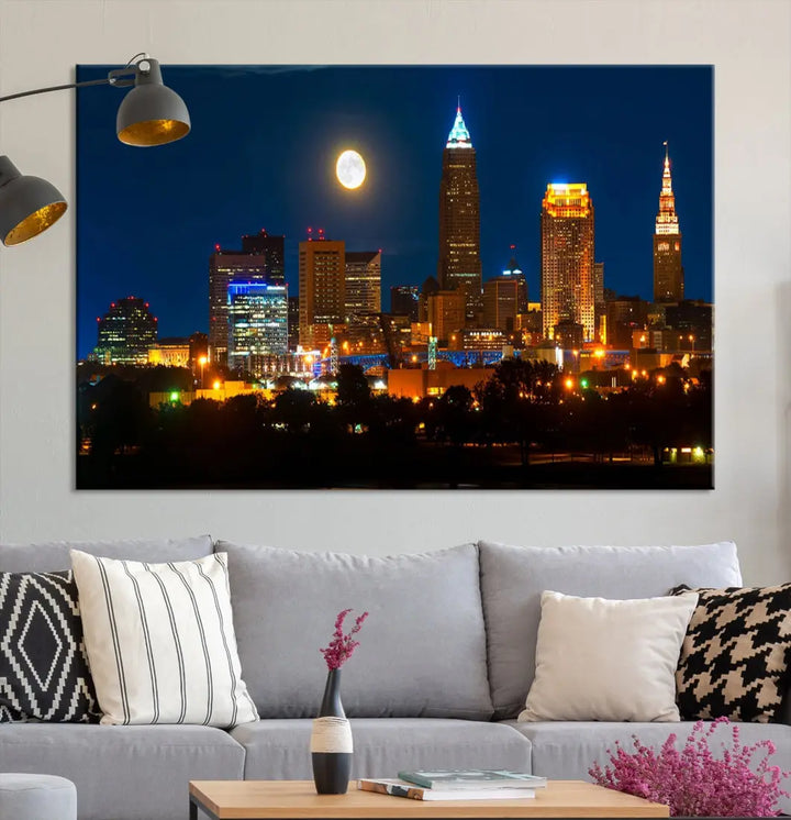 Downtown Cleveland Night Skyline Wall Art Cityscape Canvas Print