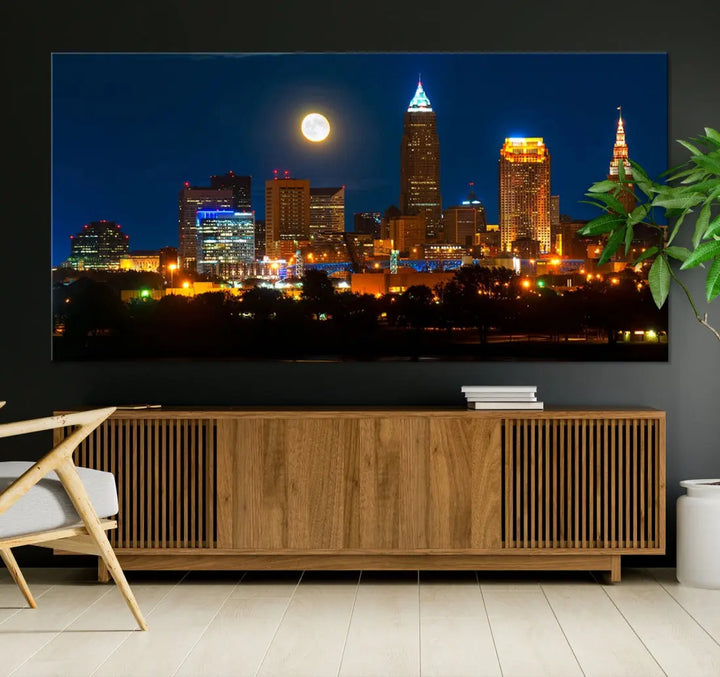 Downtown Cleveland Night Skyline Wall Art Cityscape Canvas Print