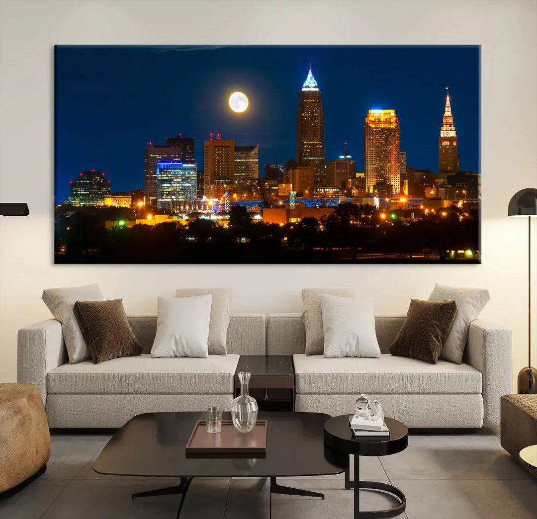 Downtown Cleveland Night Skyline Wall Art Cityscape Canvas Print