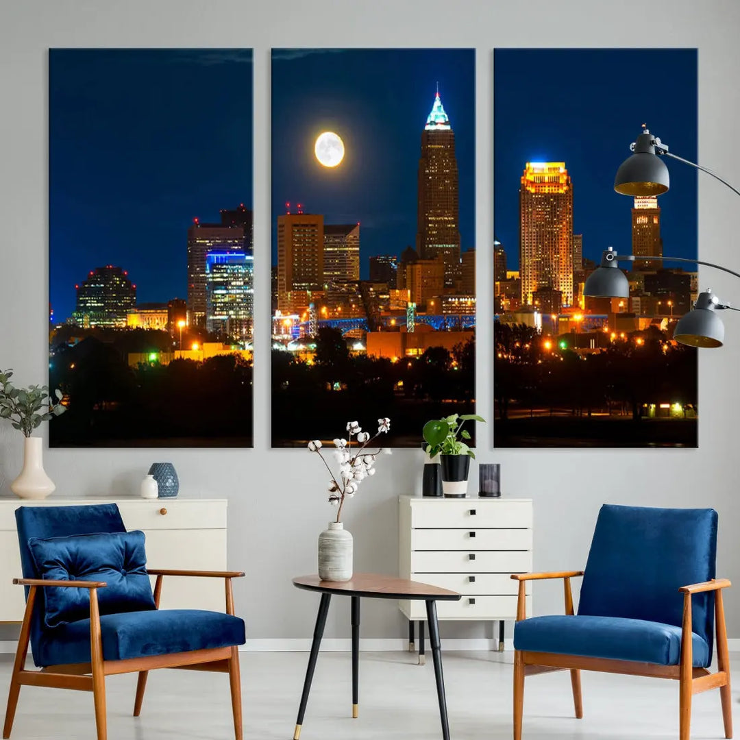 Downtown Cleveland Night Skyline Wall Art Cityscape Canvas Print