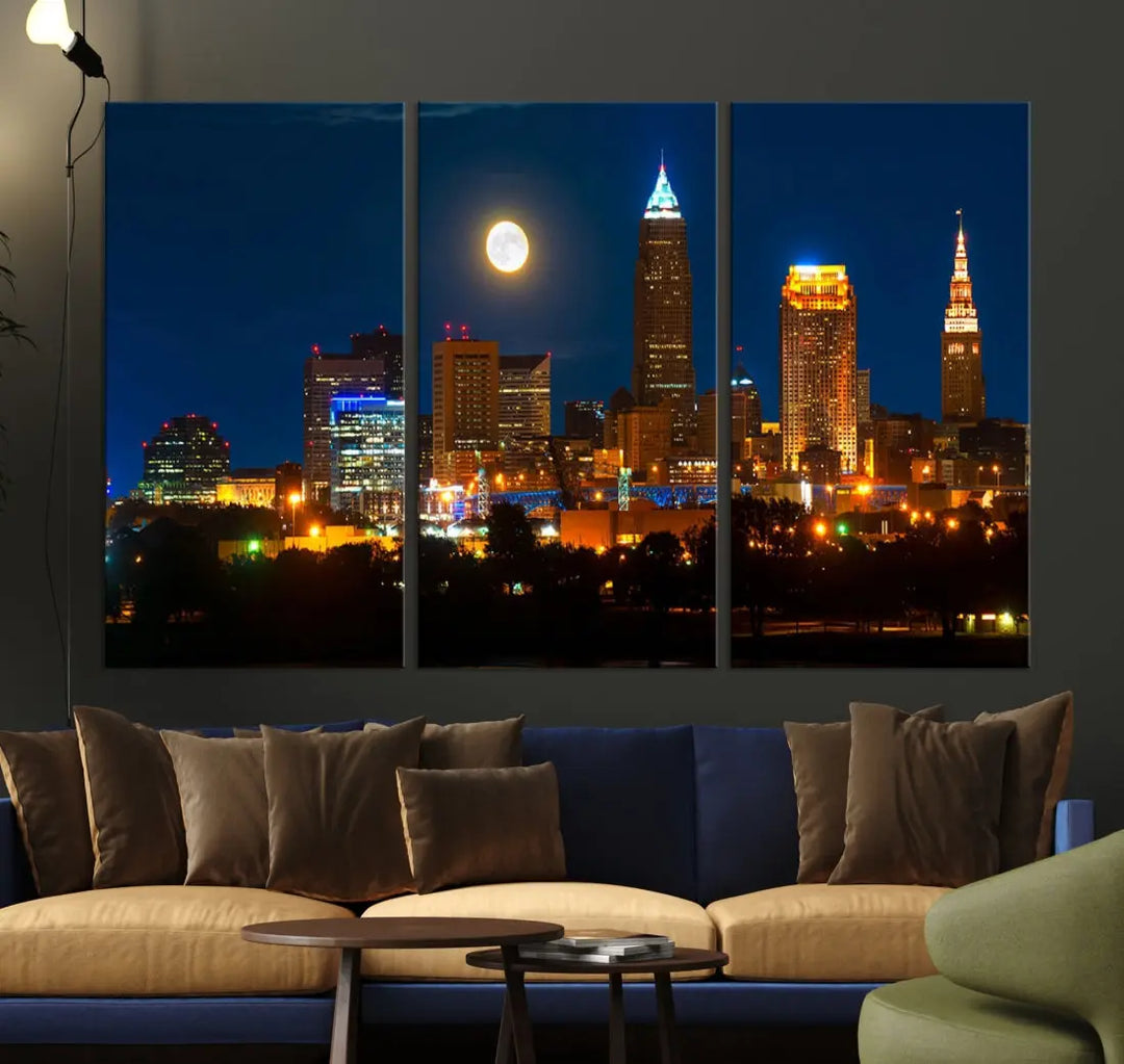 Downtown Cleveland Night Skyline Wall Art Cityscape Canvas Print