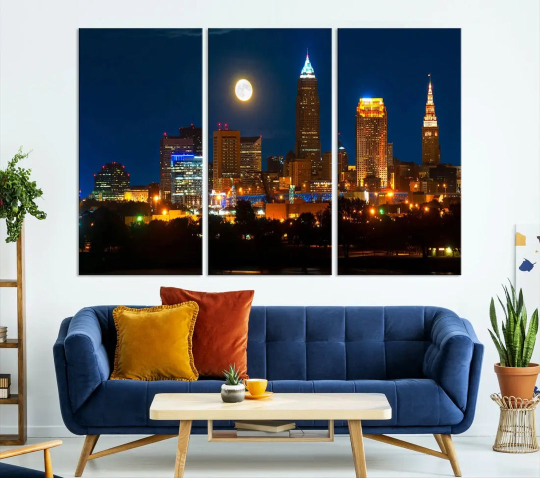 Downtown Cleveland Night Skyline Wall Art Cityscape Canvas Print