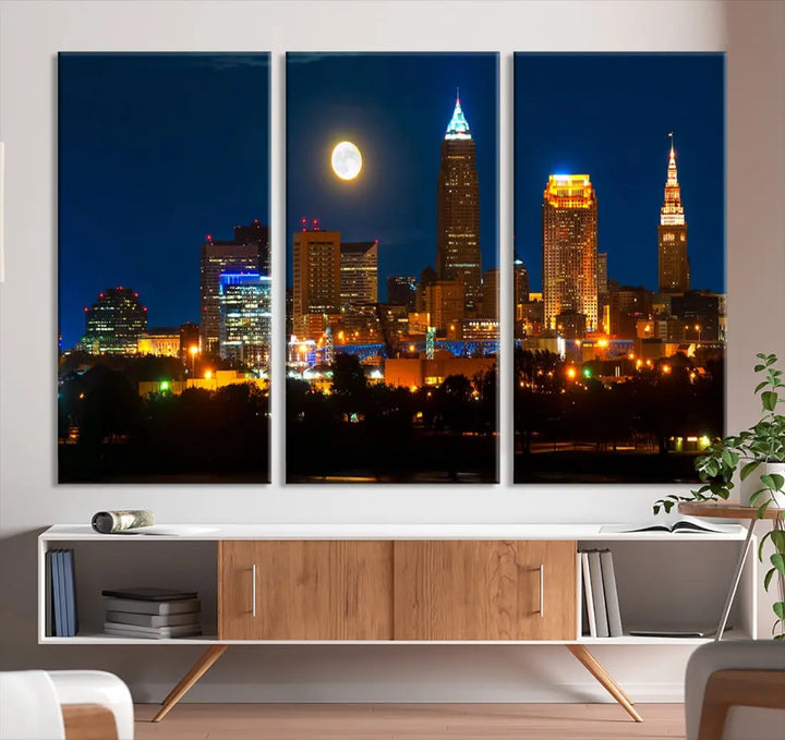 Downtown Cleveland Night Skyline Wall Art Cityscape Canvas Print