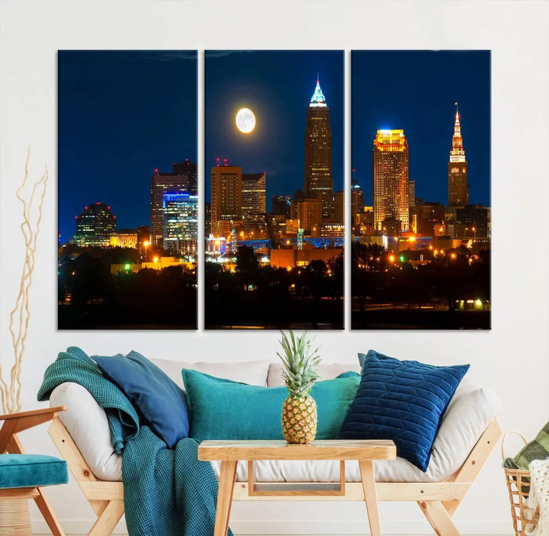 Downtown Cleveland Night Skyline Wall Art Cityscape Canvas Print