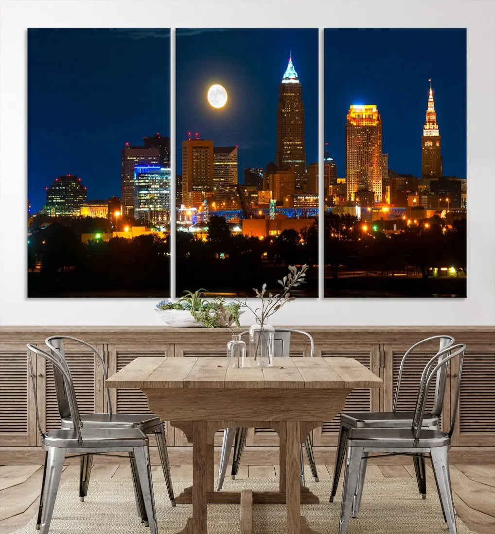 Downtown Cleveland Night Skyline Wall Art Cityscape Canvas Print