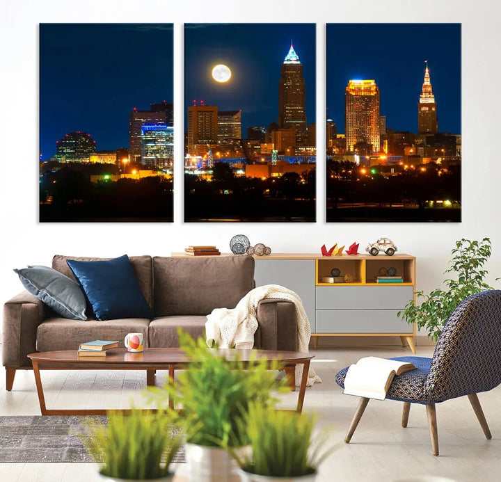 Downtown Cleveland Night Skyline Wall Art Cityscape Canvas Print