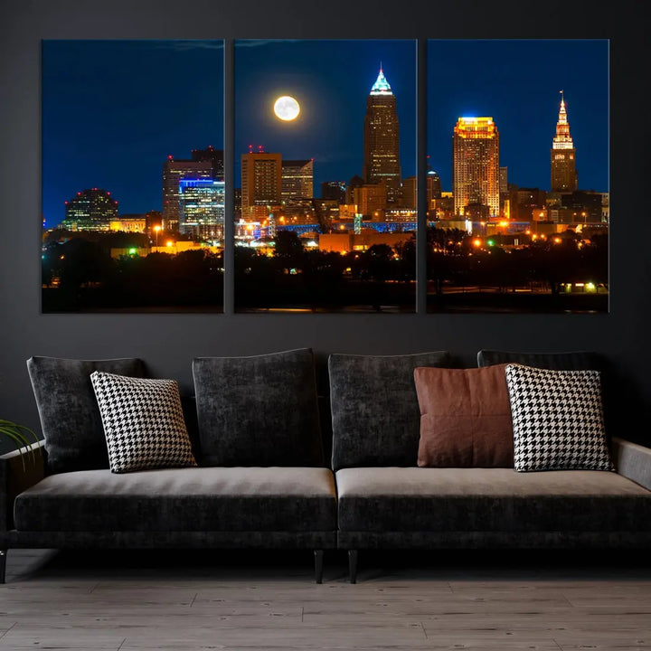 Downtown Cleveland Night Skyline Wall Art Cityscape Canvas Print