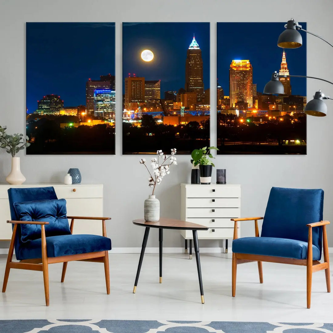 Downtown Cleveland Night Skyline Wall Art Cityscape Canvas Print