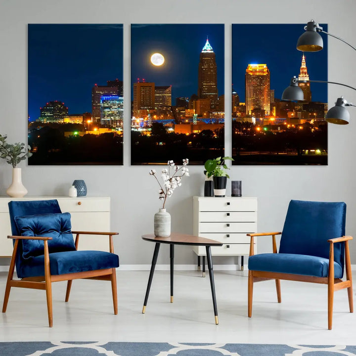 Downtown Cleveland Night Skyline Wall Art Cityscape Canvas Print