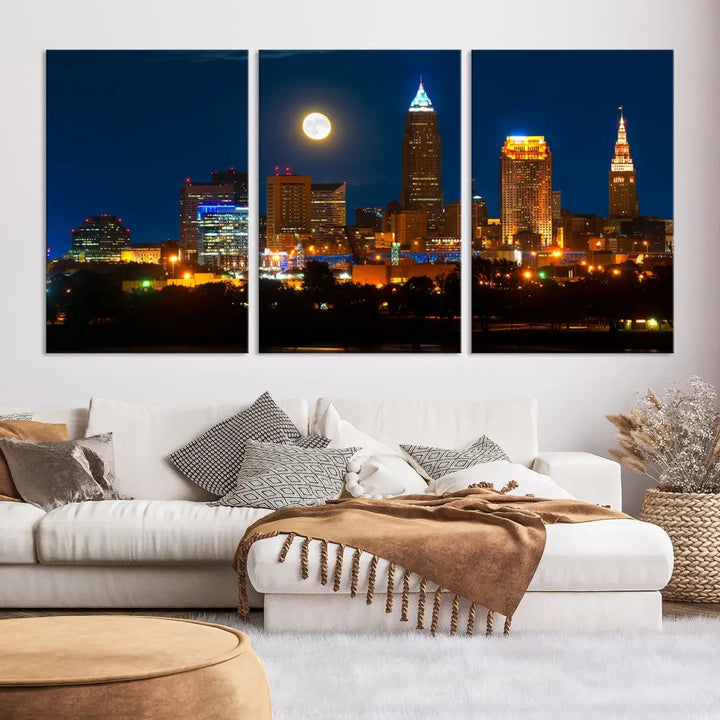 Downtown Cleveland Night Skyline Wall Art Cityscape Canvas Print