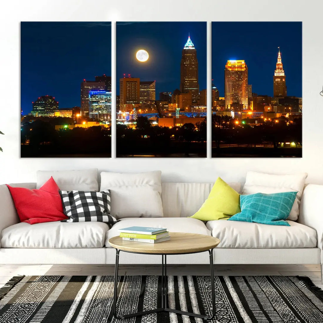 Downtown Cleveland Night Skyline Wall Art Cityscape Canvas Print