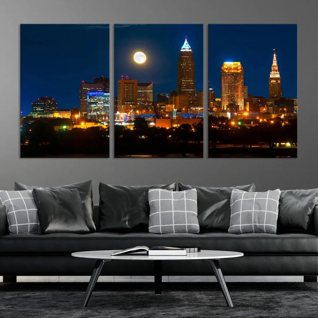 Downtown Cleveland Night Skyline Wall Art Cityscape Canvas Print