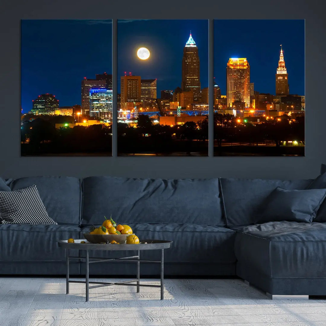 Downtown Cleveland Night Skyline Wall Art Cityscape Canvas Print