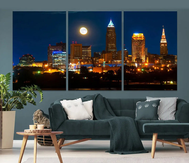 Downtown Cleveland Night Skyline Wall Art Cityscape Canvas Print