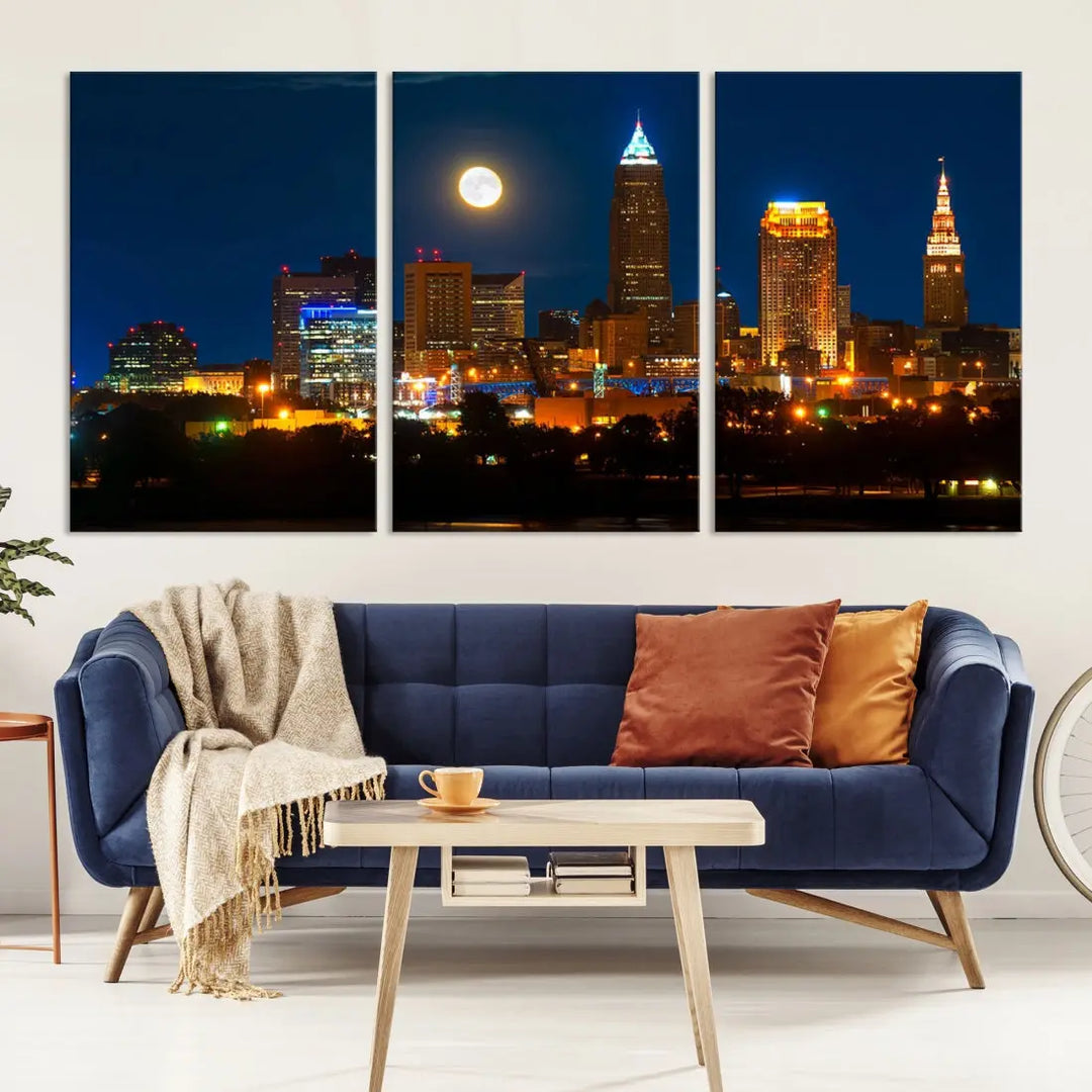 Downtown Cleveland Night Skyline Wall Art Cityscape Canvas Print