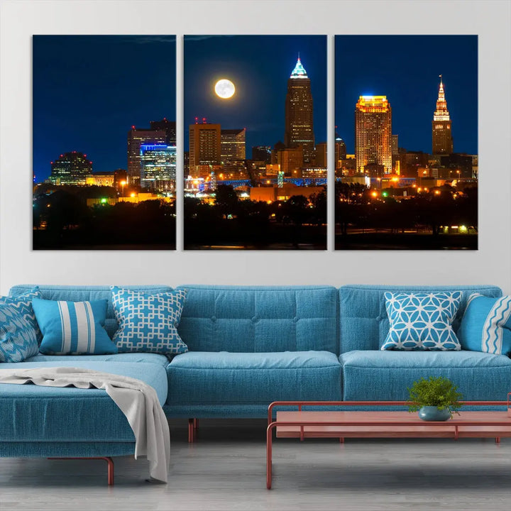 Downtown Cleveland Night Skyline Wall Art Cityscape Canvas Print