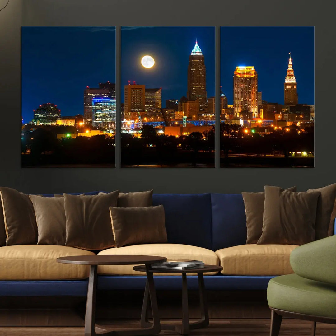 Downtown Cleveland Night Skyline Wall Art Cityscape Canvas Print