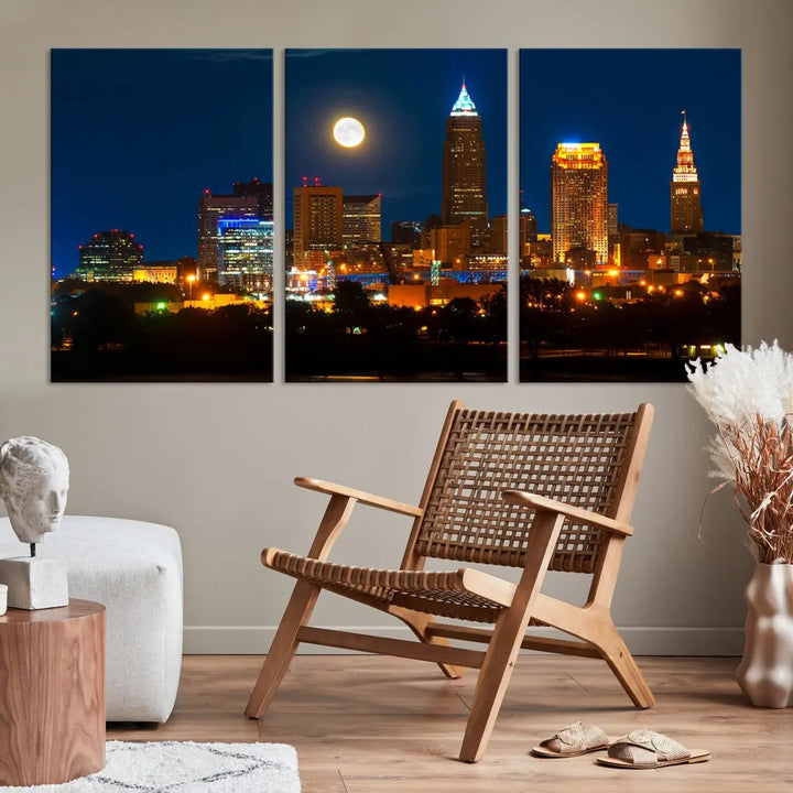 Downtown Cleveland Night Skyline Wall Art Cityscape Canvas Print