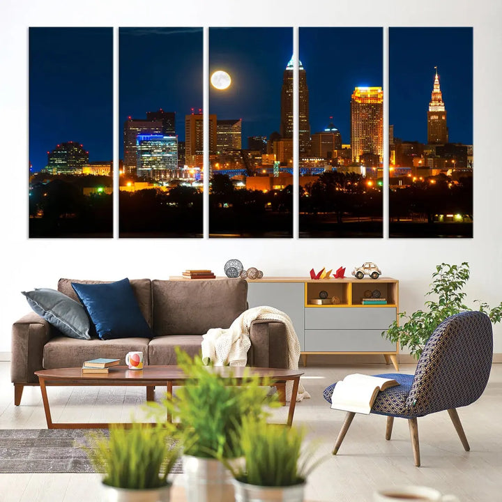 Downtown Cleveland Night Skyline Wall Art Cityscape Canvas Print