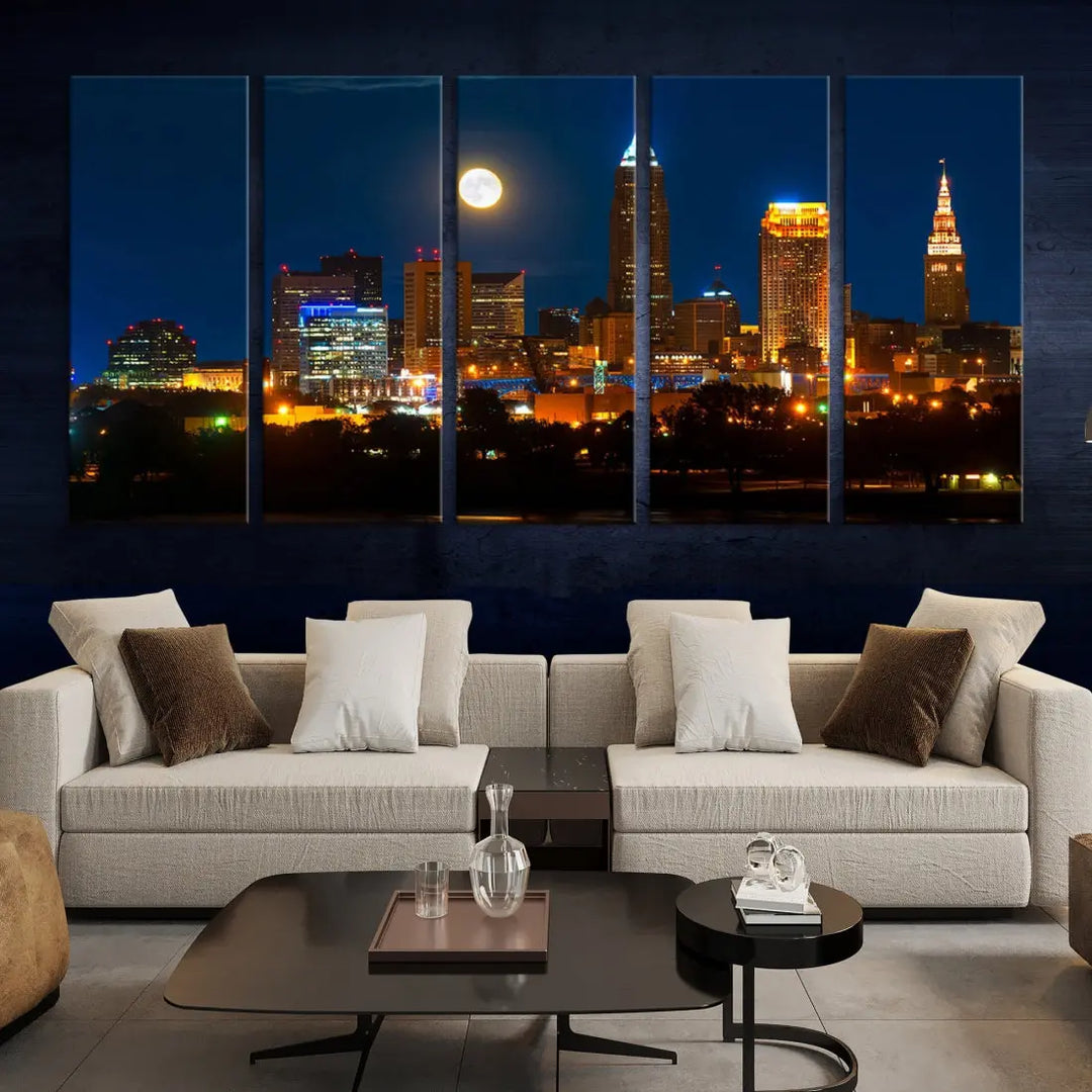 Downtown Cleveland Night Skyline Wall Art Cityscape Canvas Print