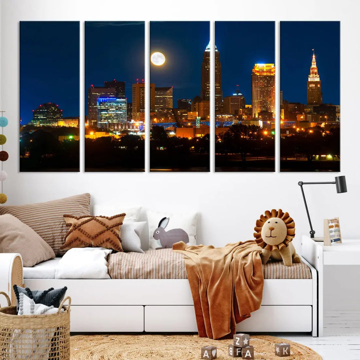 Downtown Cleveland Night Skyline Wall Art Cityscape Canvas Print