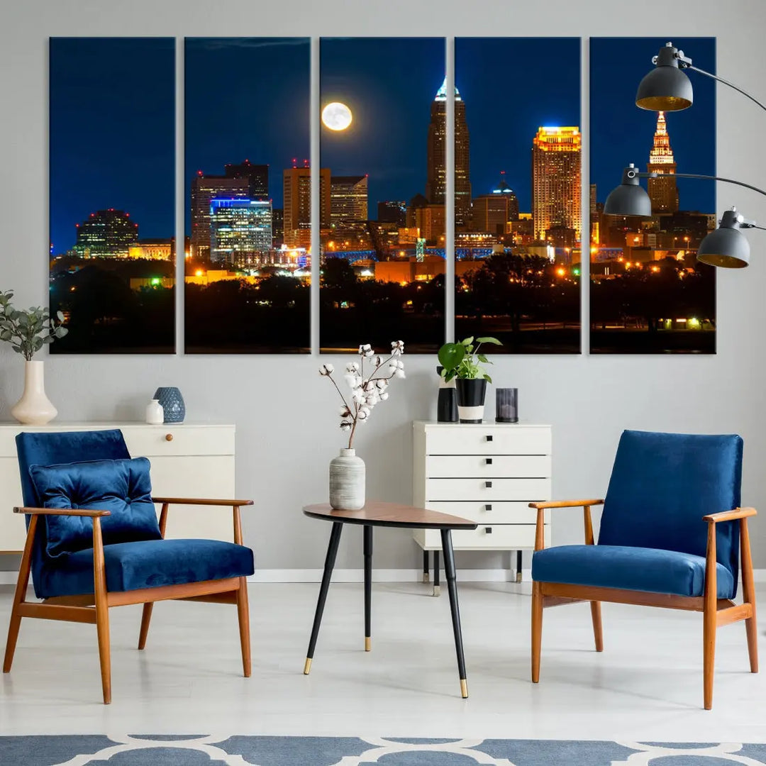 Downtown Cleveland Night Skyline Wall Art Cityscape Canvas Print