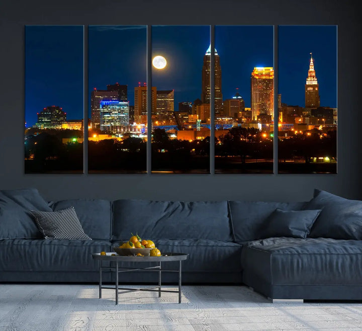 Downtown Cleveland Night Skyline Wall Art Cityscape Canvas Print