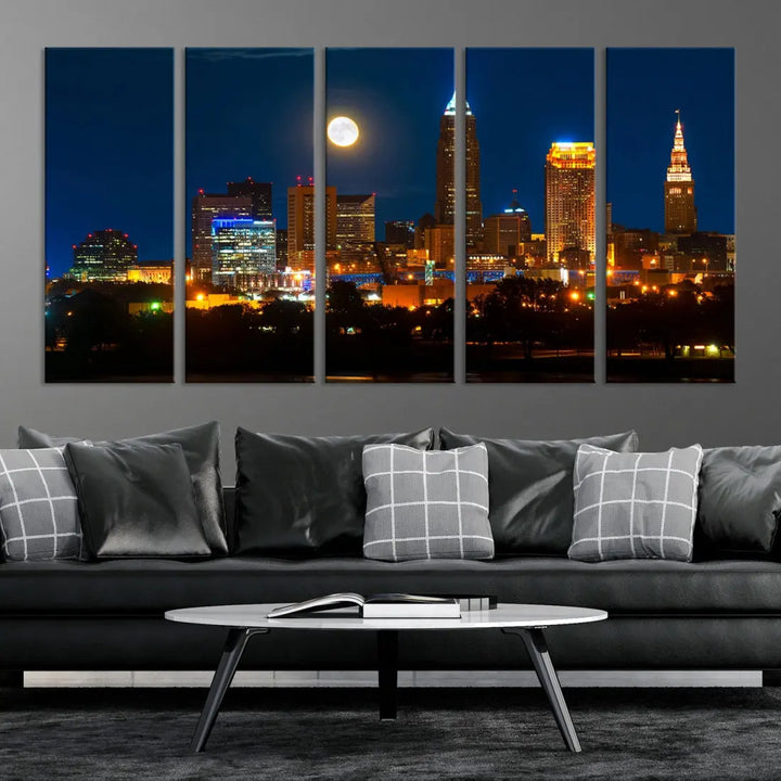 Downtown Cleveland Night Skyline Wall Art Cityscape Canvas Print