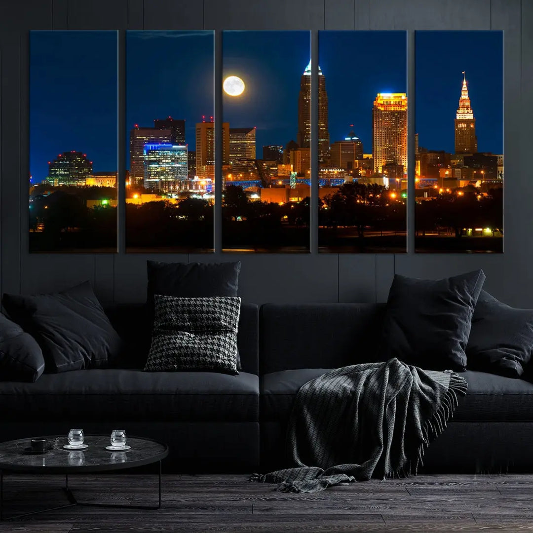 Downtown Cleveland Night Skyline Wall Art Cityscape Canvas Print