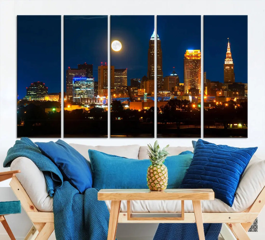 Downtown Cleveland Night Skyline Wall Art Cityscape Canvas Print