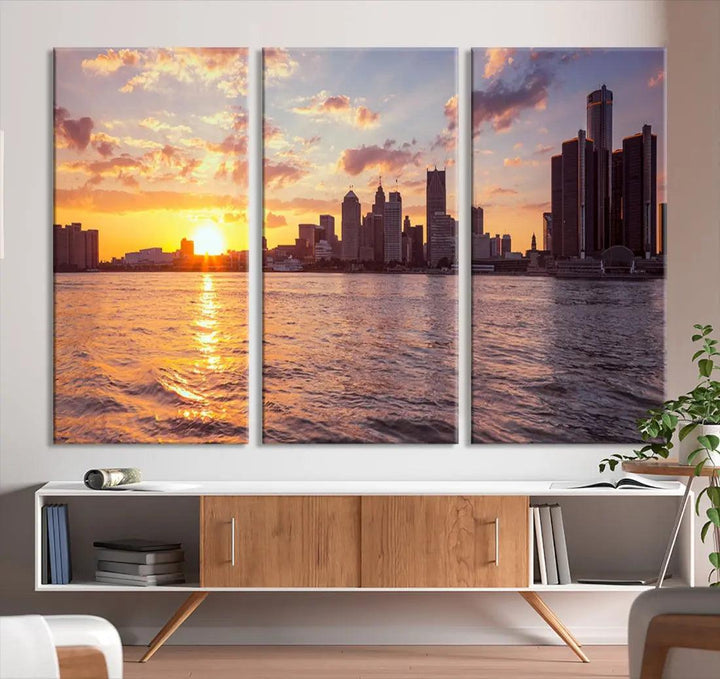 Downtown Detroit Sunset Skyline Cityscape Large Wall Art Canvas Print