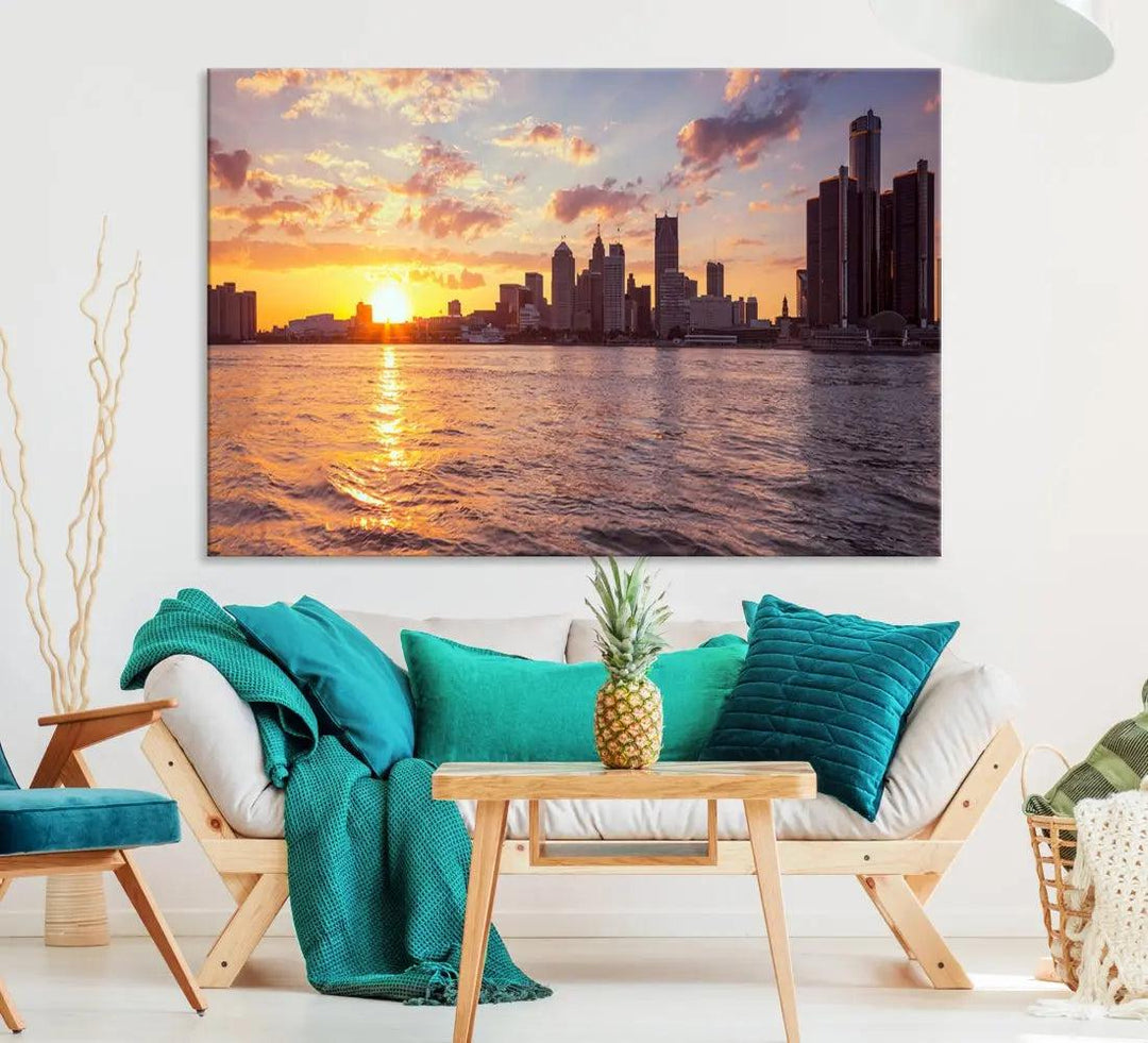 Downtown Detroit Sunset Skyline Cityscape Large Wall Art Canvas Print