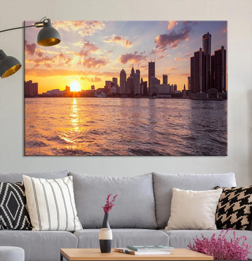 Downtown Detroit Sunset Skyline Cityscape Large Wall Art Canvas Print