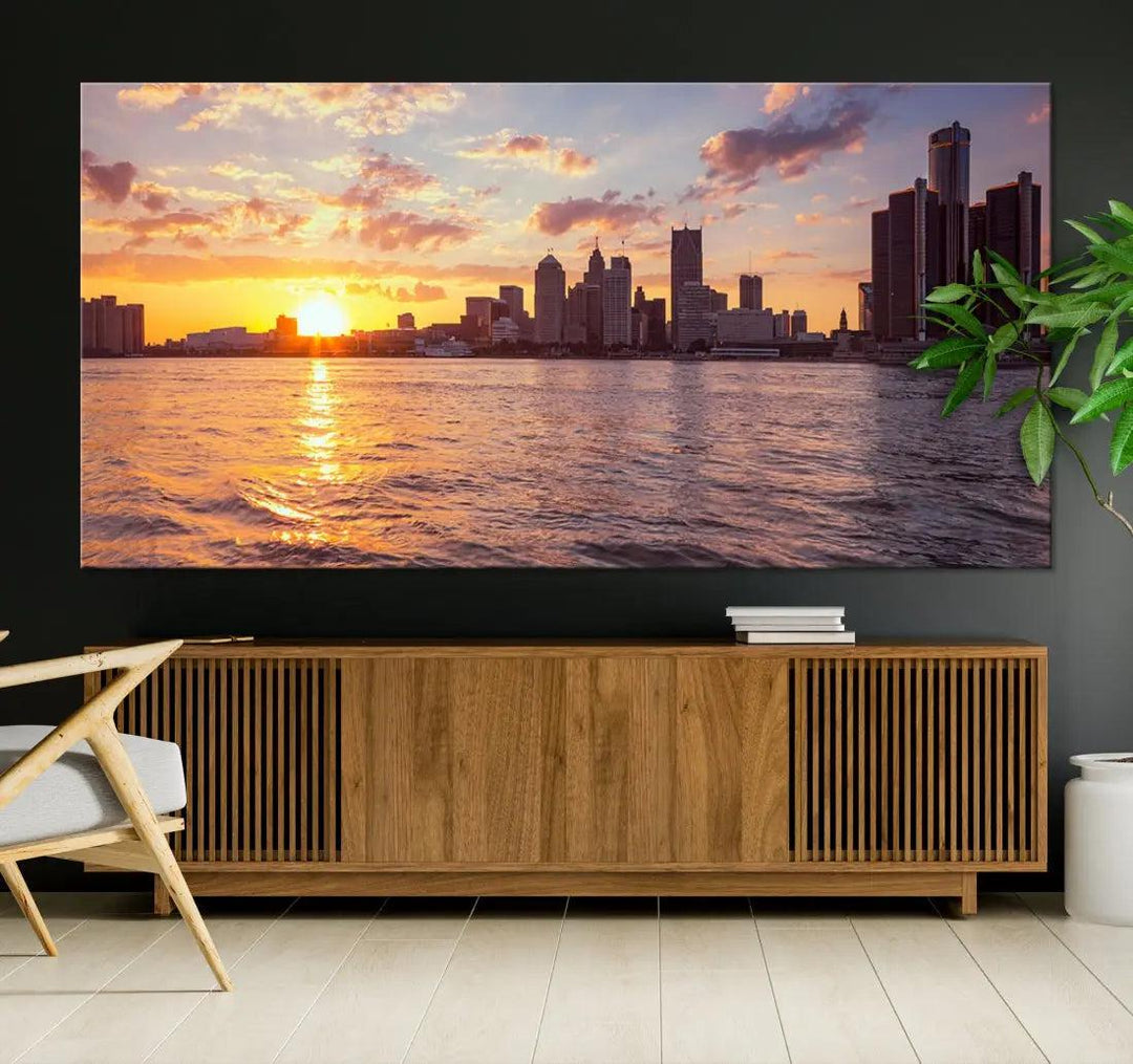 Downtown Detroit Sunset Skyline Cityscape Large Wall Art Canvas Print