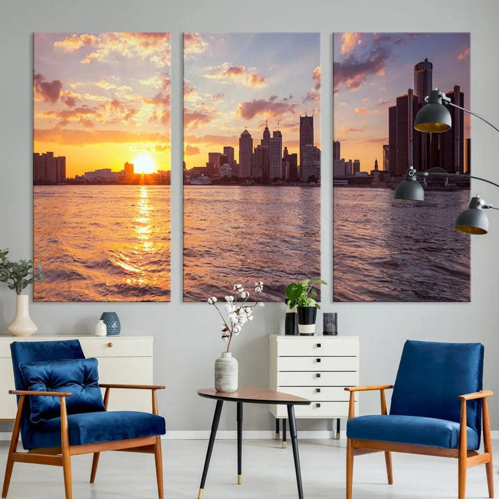 Downtown Detroit Sunset Skyline Cityscape Large Wall Art Canvas Print