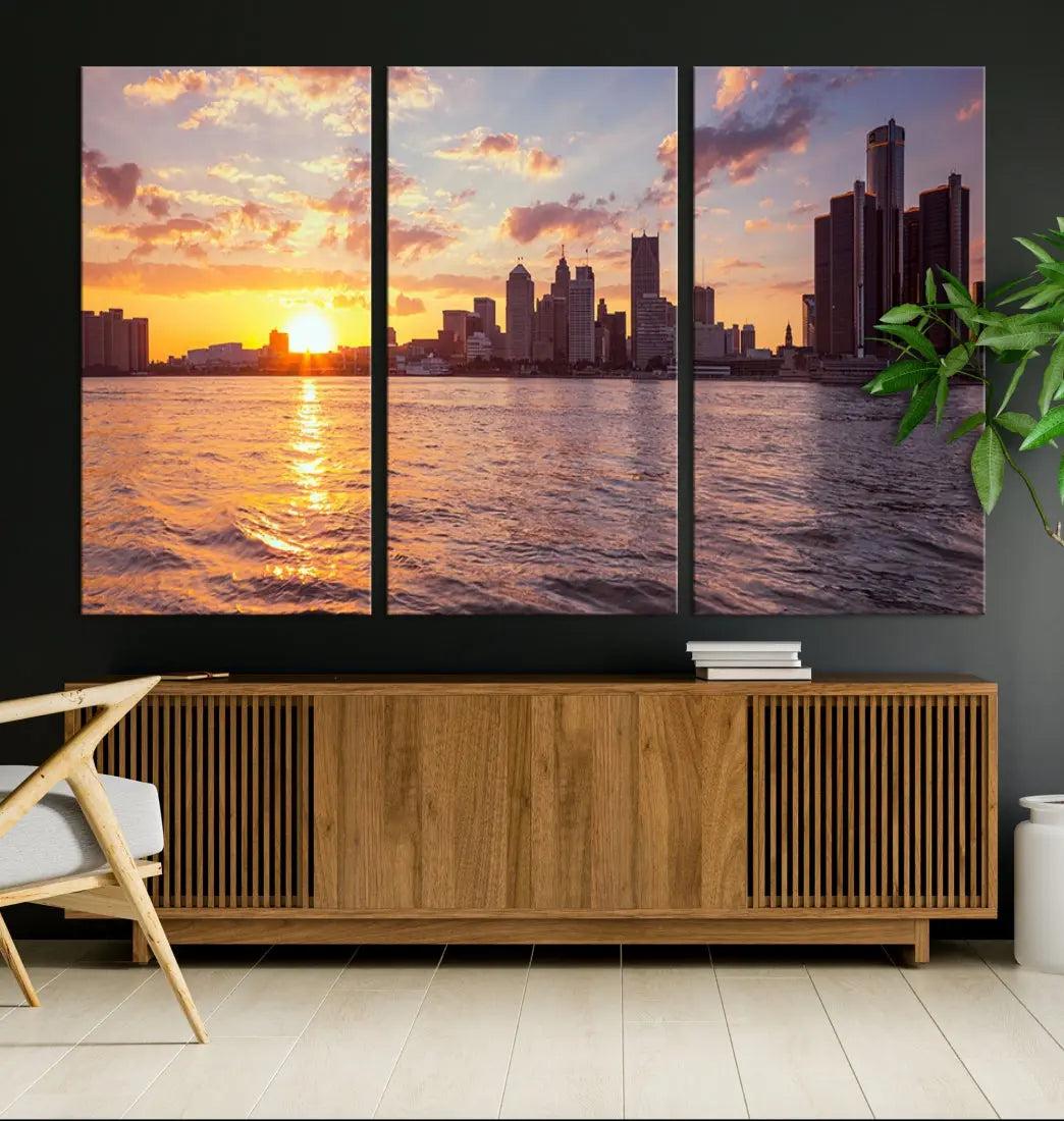 Downtown Detroit Sunset Skyline Cityscape Large Wall Art Canvas Print