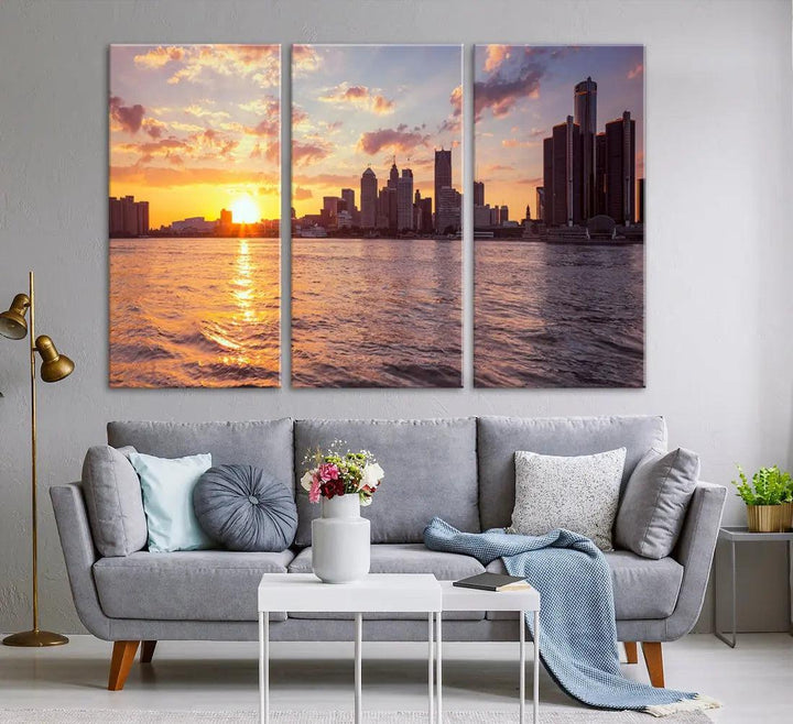 Downtown Detroit Sunset Skyline Cityscape Large Wall Art Canvas Print