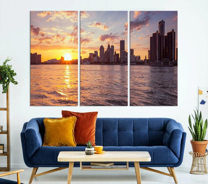 Downtown Detroit Sunset Skyline Cityscape Large Wall Art Canvas Print