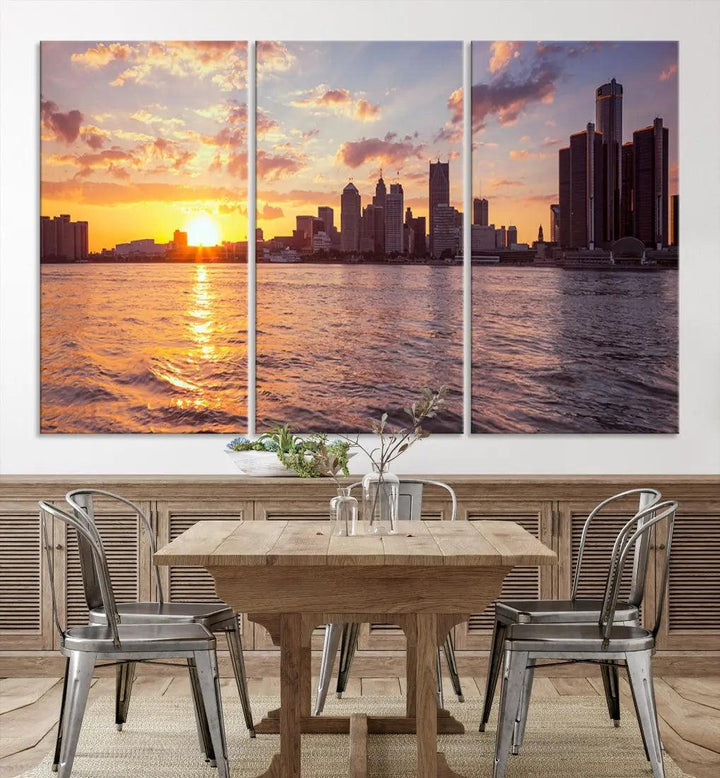 Downtown Detroit Sunset Skyline Cityscape Large Wall Art Canvas Print